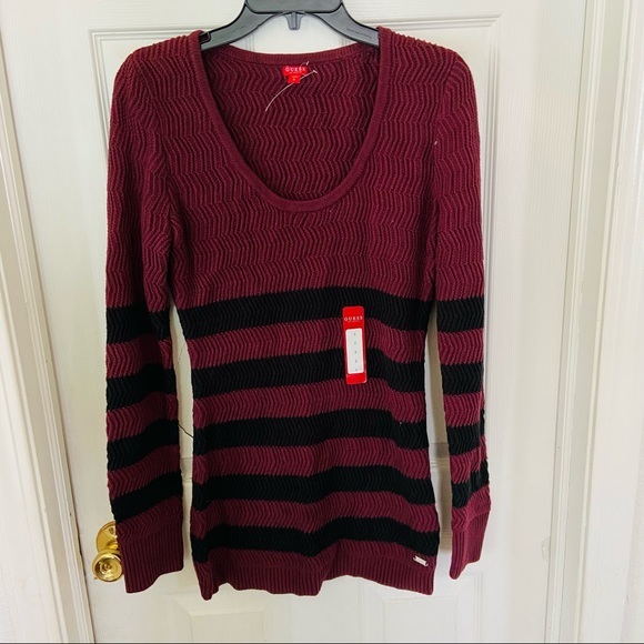 NWT GUESS burgundy striped scoop neck knit sweater Size small - Picture 1 of 11
